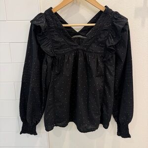 Madewell Voile Ruffled Pintuck Top Black Polka Dot